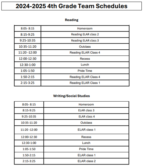 2024-2025 4th Grade Team Schedule ELAR